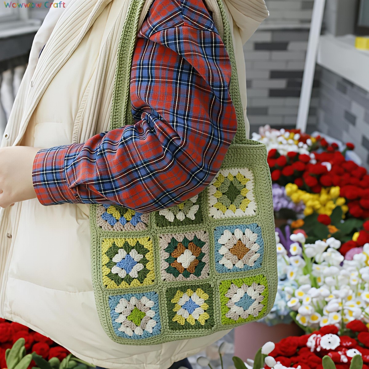 Shoulder Bags,Totes,Crochet Bags,Light Green Granny Square Tote crocheted with Snow Fairy Yarn - High quality handmade crocheted shoulder bag